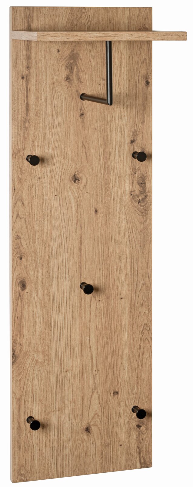 Wandgarderobe aus Holz mit sechs schwarzen Haken und einem oberen Regalbrett, Frontalansicht.