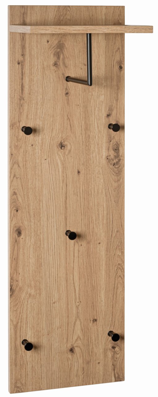 XORA Wandgarderobe PARMA Wandgarderobe aus Holz mit sechs schwarzen Haken und einem oberen Regalbrett, Frontalansicht.