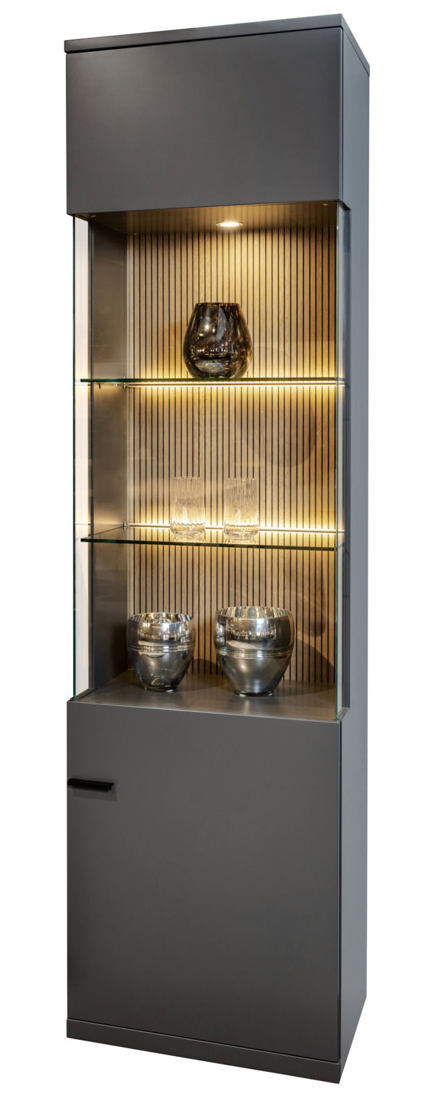 Moderne Vitrine mit Glasregalen und integrierter Beleuchtung, frontal betrachtet.