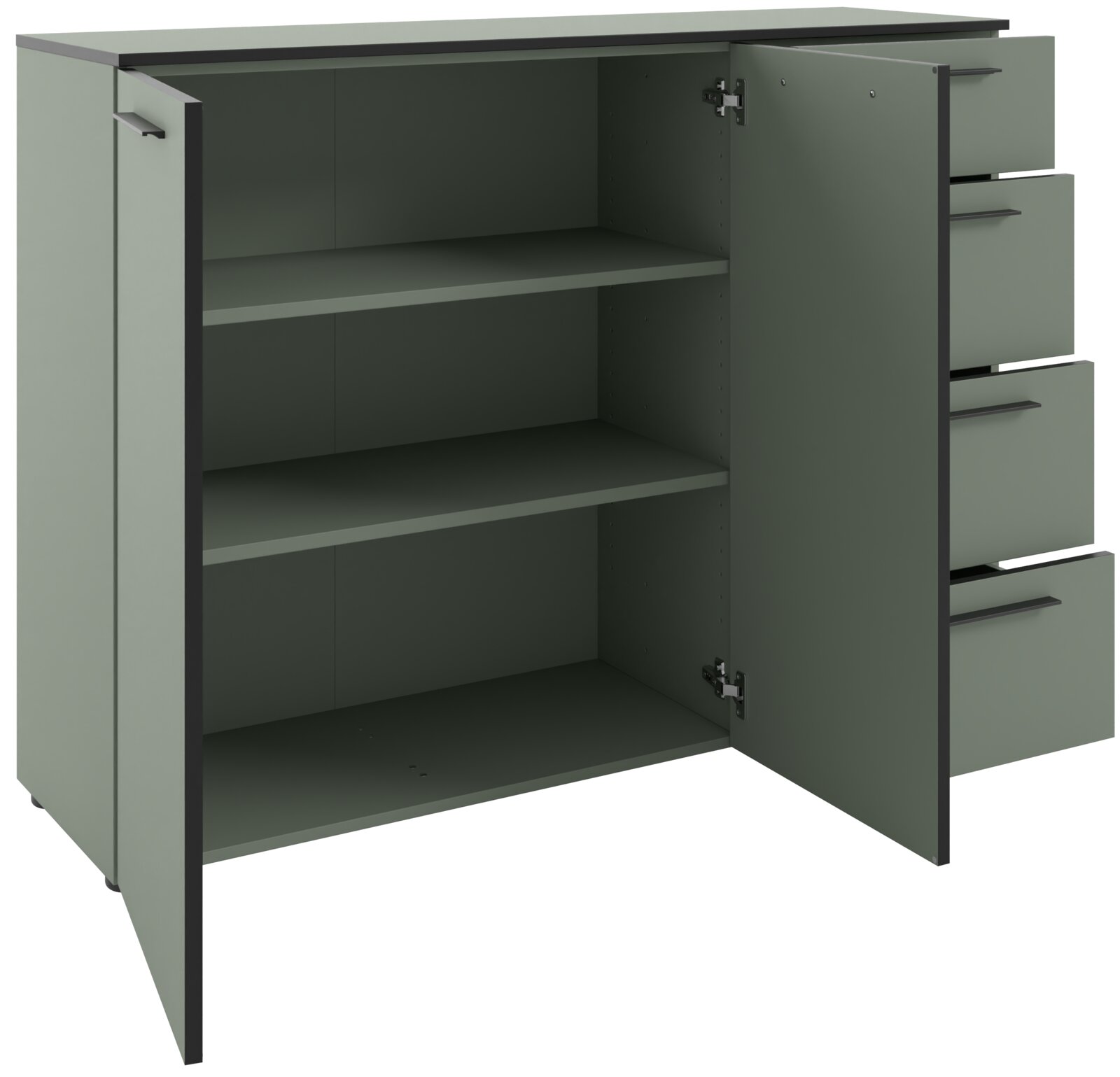 Grünes Sideboard mit offenen Türen und Schubladen, seitliche Perspektive