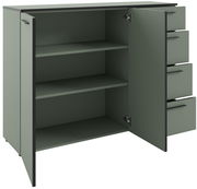 Grünes Sideboard mit offenen Türen und Schubladen, seitliche Perspektive