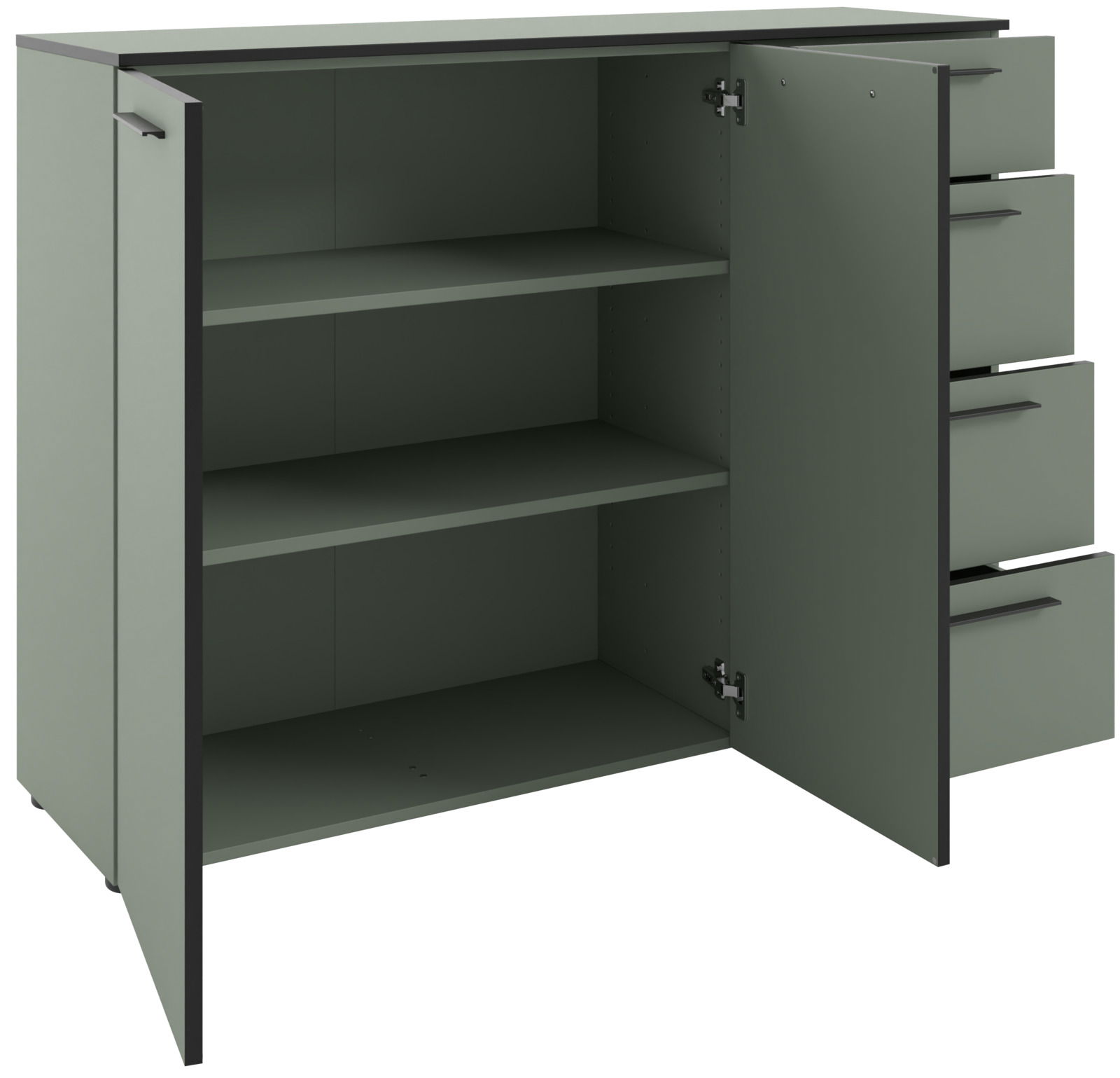 Grünes Sideboard mit offenen Türen und Schubladen, seitliche Perspektive