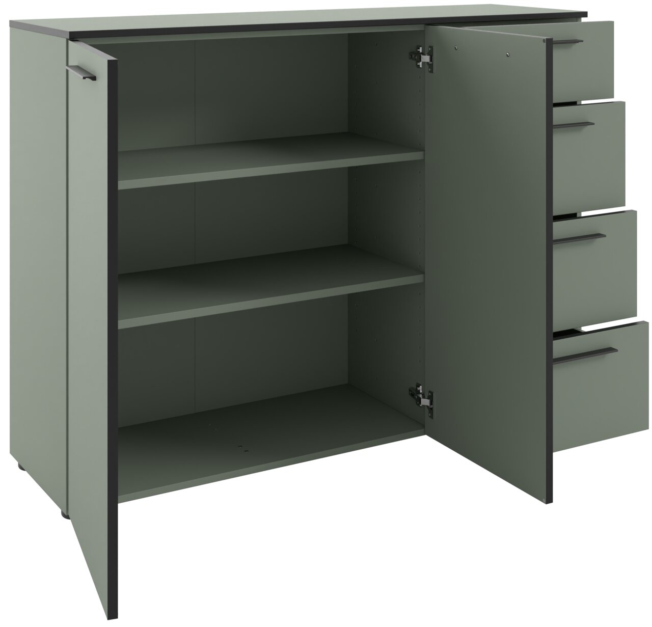Grünes Sideboard mit offenen Türen und Schubladen, seitliche Perspektive