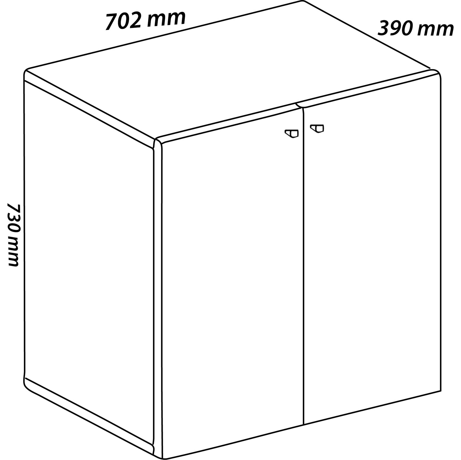 Isometrische Ansicht eines zweitürigen Schranks/Unterschranks mit Maßangaben 702 mm Breite, 390 mm Tiefe und 730 mm Höhe, dargestellt als technische Skizze.