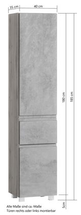 Hochschrank in grauer Betonoptik, frontale Ansicht, mit zwei Türen und zwei Schubladen, Maße: 180 cm hoch, 40 cm breit, 35 cm tief.