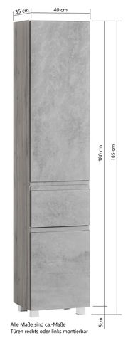 Hochschrank in grauer Betonoptik, frontale Ansicht, mit zwei Türen und zwei Schubladen, Maße: 180 cm hoch, 40 cm breit, 35 cm tief.