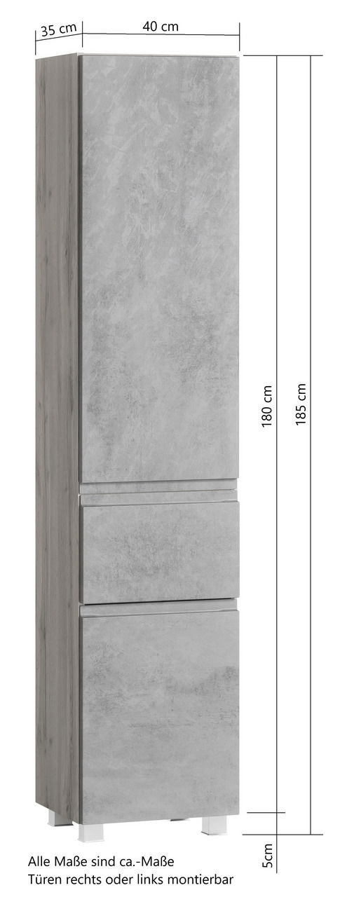 Hochschrank in grauer Betonoptik, frontale Ansicht, mit zwei Türen und zwei Schubladen, Maße: 180 cm hoch, 40 cm breit, 35 cm tief.