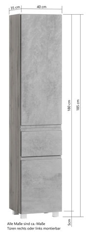 Hochschrank in grauer Betonoptik, frontale Ansicht, mit zwei Türen und zwei Schubladen, Maße: 180 cm hoch, 40 cm breit, 35 cm tief.