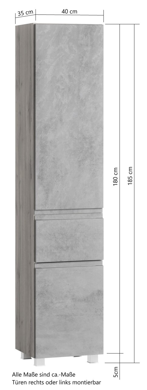 Hochschrank in grauer Betonoptik, frontale Ansicht, mit zwei Türen und zwei Schubladen, Maße: 180 cm hoch, 40 cm breit, 35 cm tief.