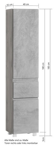Hoge kast in grijze betonlook, vooraanzicht, met twee deuren en twee lades, afmetingen: 180 cm hoog, 40 cm breed, 35 cm diep.