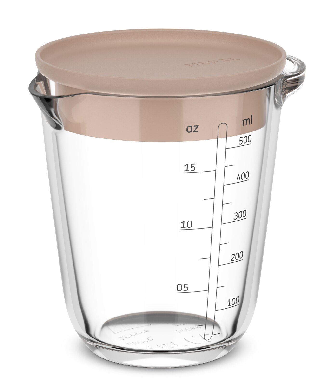 Glazen maatbeker met een inhoud van 500 ml en deksel, zijaanzicht