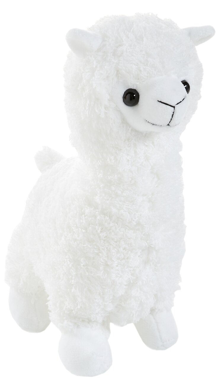 Weißes, flauschiges Stofftier-Alpaka mit großen Augen, seitliche Perspektive