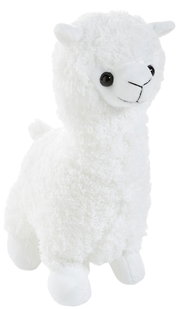 Weißes, flauschiges Stofftier-Alpaka mit großen Augen, seitliche Perspektive