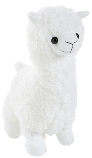 Weißes, flauschiges Stofftier-Alpaka mit großen Augen, seitliche Perspektive