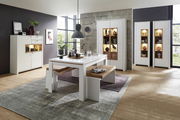 Moderne Esszimmermöbel in einem hellen Raum mit einem großen Esstisch, einer Bank und mehreren Vitrinen, seitliche Perspektive.