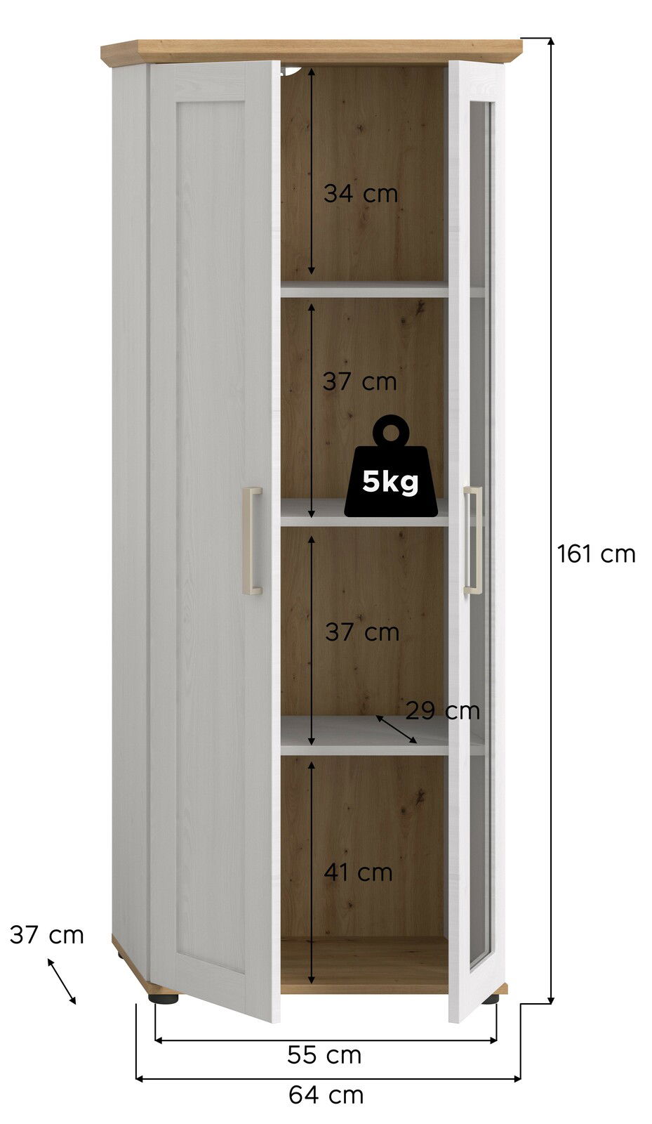 Vitrine mit zwei Türen, eine davon mit Glaseinsatz, in weißem Holzdesign mit naturfarbener Oberseite. Die Vitrine ist 161 cm hoch, 64 cm breit und 37 cm tief. Die Innenfächer sind unterschiedlich hoch und bieten Platz für Dekoration oder Aufbewahrung. Per