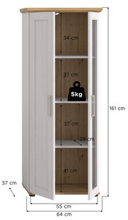 Vitrine mit zwei Türen, eine davon mit Glaseinsatz, in weißem Holzdesign mit naturfarbener Oberseite. Die Vitrine ist 161 cm hoch, 64 cm breit und 37 cm tief. Die Innenfächer sind unterschiedlich hoch und bieten Platz für Dekoration oder Aufbewahrung. Per