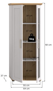Vitrine mit zwei Türen, eine davon mit Glaseinsatz, in weißem Holzdesign mit naturfarbener Oberseite. Die Vitrine ist 161 cm hoch, 64 cm breit und 37 cm tief. Die Innenfächer sind unterschiedlich hoch und bieten Platz für Dekoration oder Aufbewahrung. Per