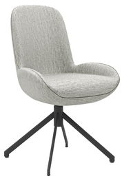 Moderner grauer Stuhl mit gepolsterter Sitzfläche und schwarzem Metallgestell, seitliche Perspektive