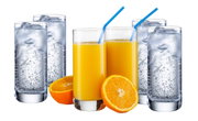 Sechsteiliges Glasset Convention mit vier Gläsern gefüllt mit Wasser und Eiswürfeln sowie zwei Gläsern mit Orangensaft und blauen Strohhalmen, frontal betrachtet.