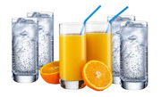 Sechsteiliges Glasset Convention mit vier Gläsern gefüllt mit Wasser und Eiswürfeln sowie zwei Gläsern mit Orangensaft und blauen Strohhalmen, frontal betrachtet.