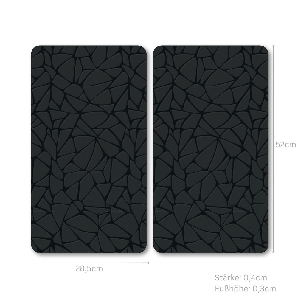 Kesper Multi-Glasschneideplatte 2er-Set Zwei schwarze Multi-Glasschneideplatten mit geometrischem Muster, Abmessungen 28,5 cm x 52 cm, Stärke 0,4 cm, Fußhöhe 0,3 cm, aus der Vogelperspektive.