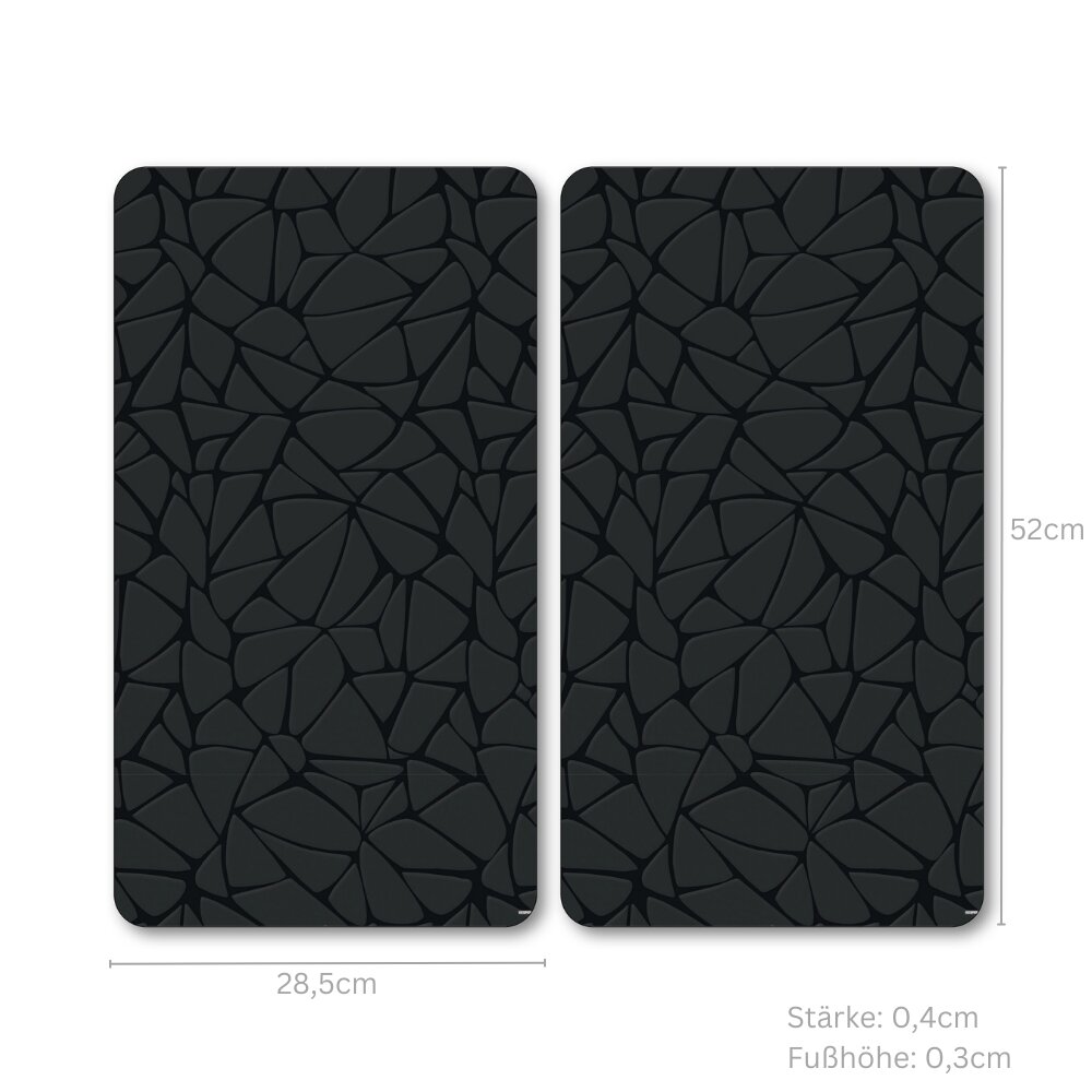Zwei schwarze Multi-Glasschneideplatten mit geometrischem Muster, Abmessungen 28,5 cm x 52 cm, Stärke 0,4 cm, Fußhöhe 0,3 cm, aus der Vogelperspektive.