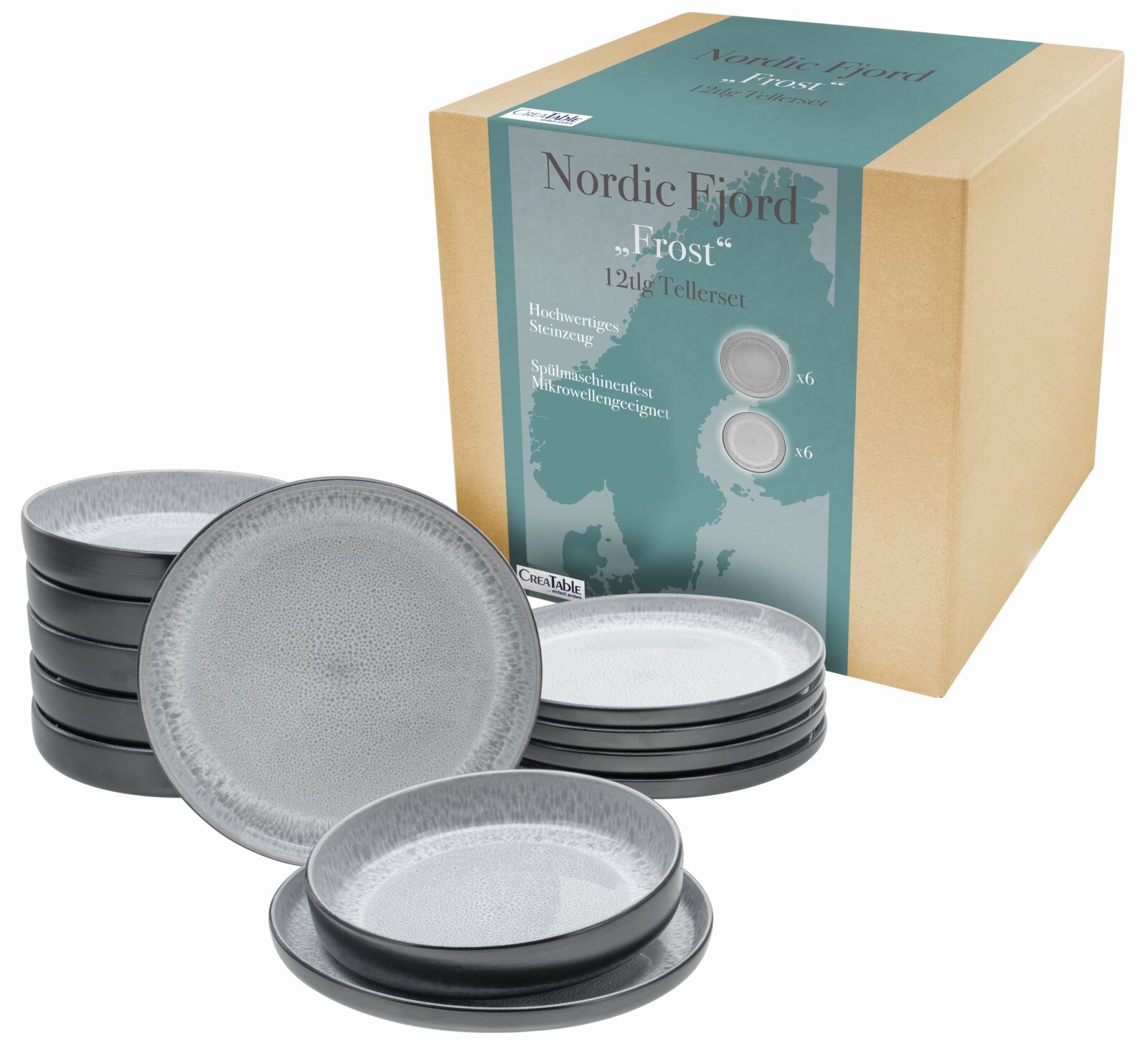 Tafelservice 12-tlg Nordic Fjord Frost aus hochwertigem Steinzeug, spülmaschinenfest und mikrowellengeeignet, seitliche Ansicht