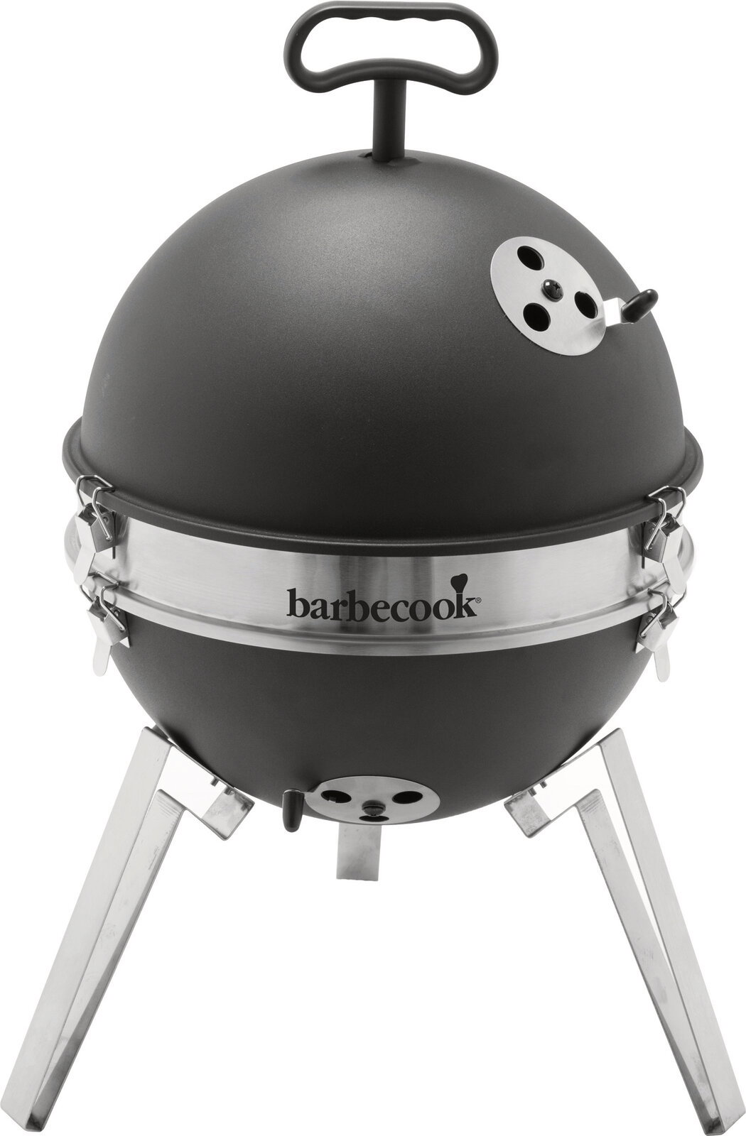Barbecook BBQ om mee te nemen BILLY Schwarzer Kugelgrill von barbecook mit Edelstahlband, Lüftungsschiebern und drei Metallbeinen, freigestellt auf weißem Hintergrund, Frontansicht leicht von oben