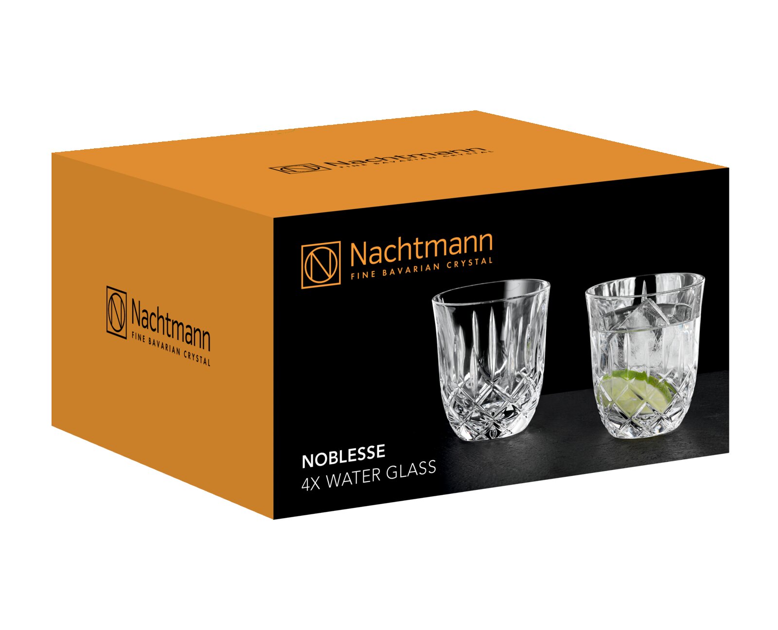 Nachtmann Noblesse 4er-Set Wassergläser aus Kristallglas in orange-schwarzer Geschenkbox, schräg von vorne (3/4-Perspektive) fotografiert