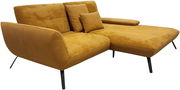 Senfgelbes Ecksofa mit Samtbezug und schwarzen Metallfüßen, seitliche Perspektive