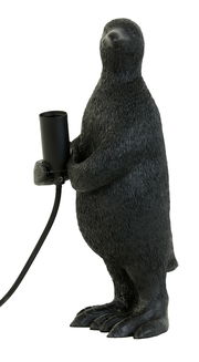 Schwarze Tischleuchte in Form eines stehenden Pinguins, frontal abgebildet, mit einer Lampenfassung in den Flügeln haltend.