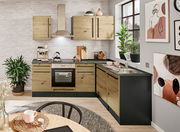 Moderne Küche mit Eckunterschrank in Holzoptik, Blick von vorne