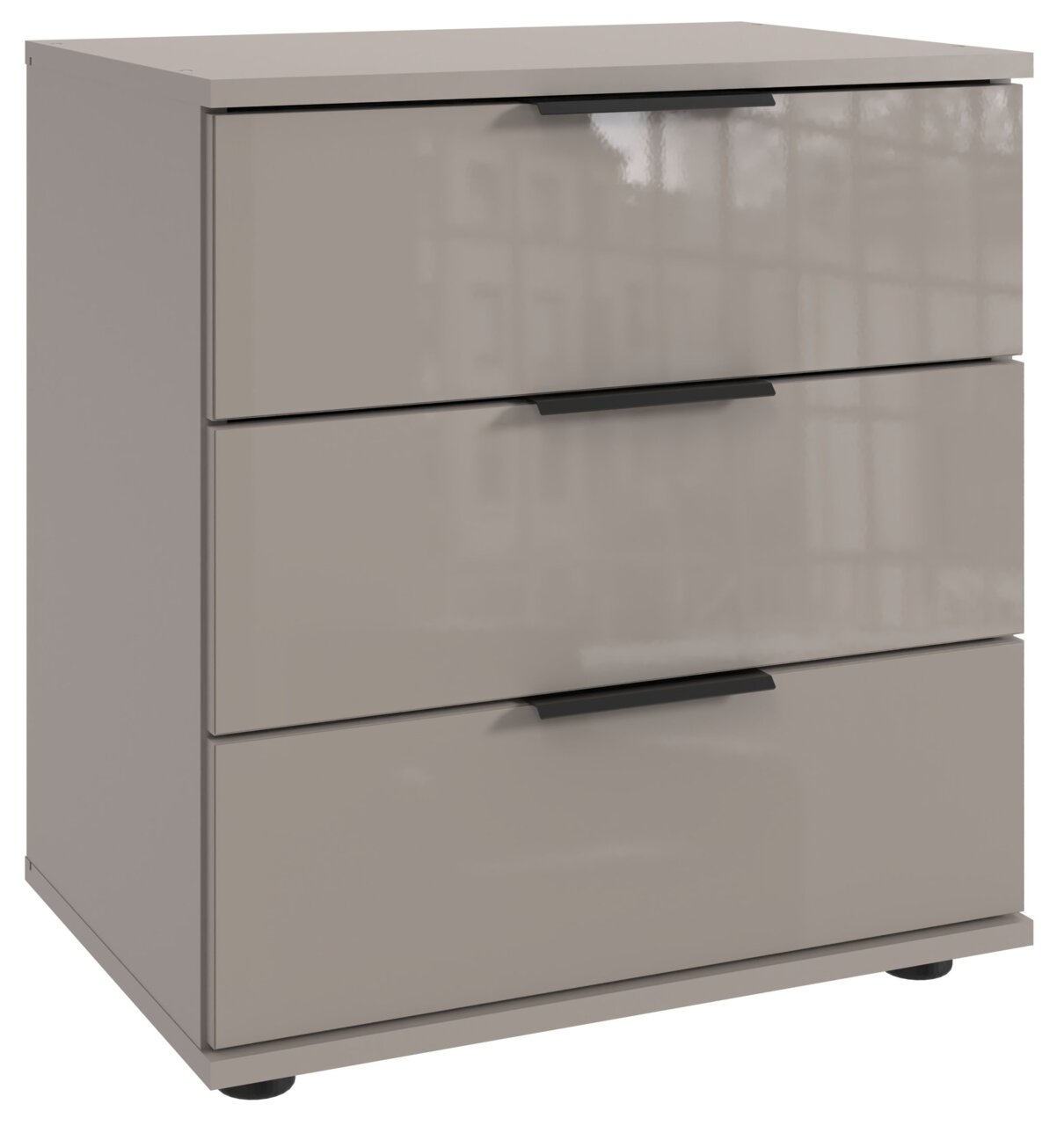 Moderne Nachtkommode mit drei Schubladen in Hochglanzoptik, seitliche Perspektive