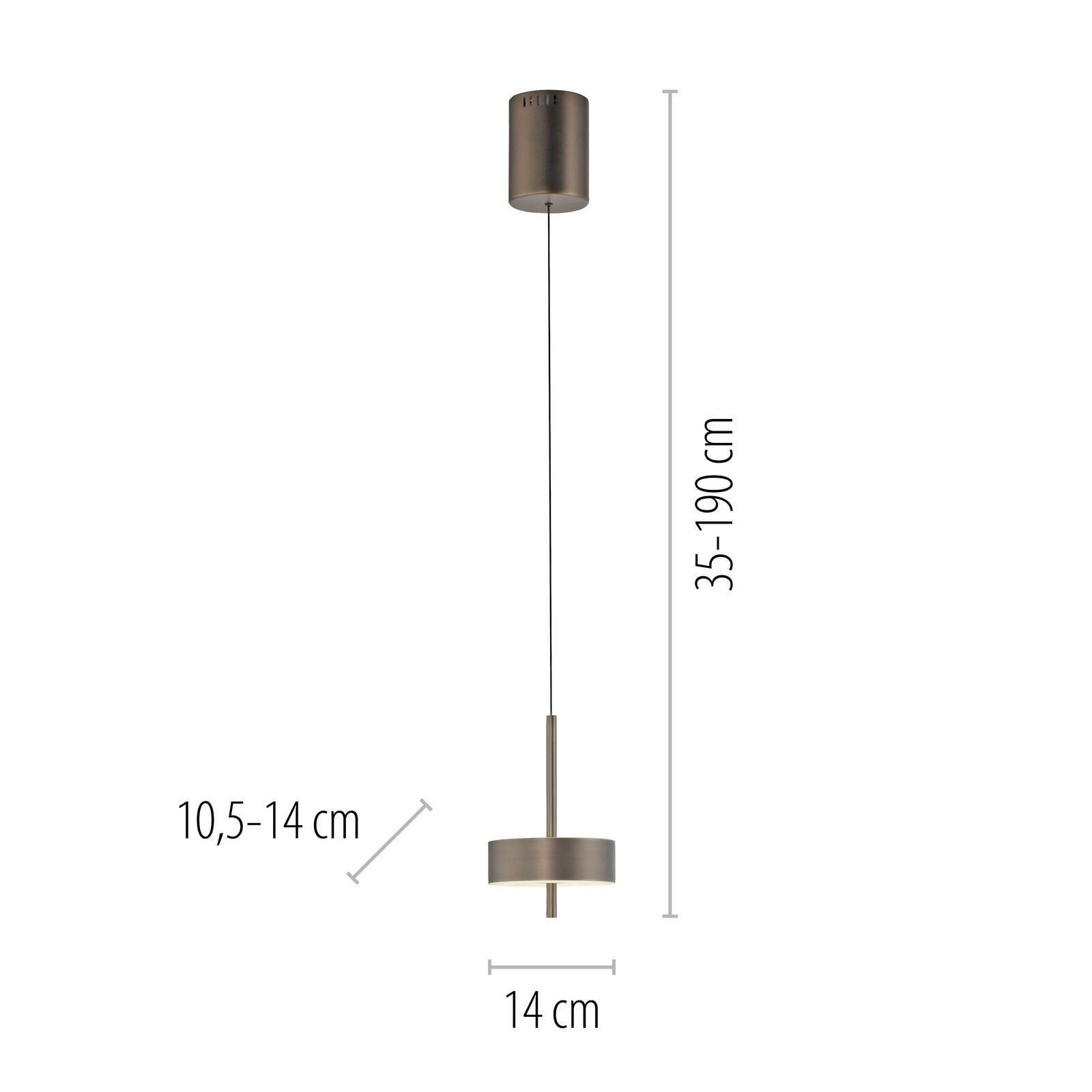 Moderne Pendelleuchte Q-ROTATE in seitlicher Ansicht, höhenverstellbar von 35 bis 190 cm, mit einem Durchmesser von 14 cm und einer variablen Höhe von 10,5 bis 14 cm.