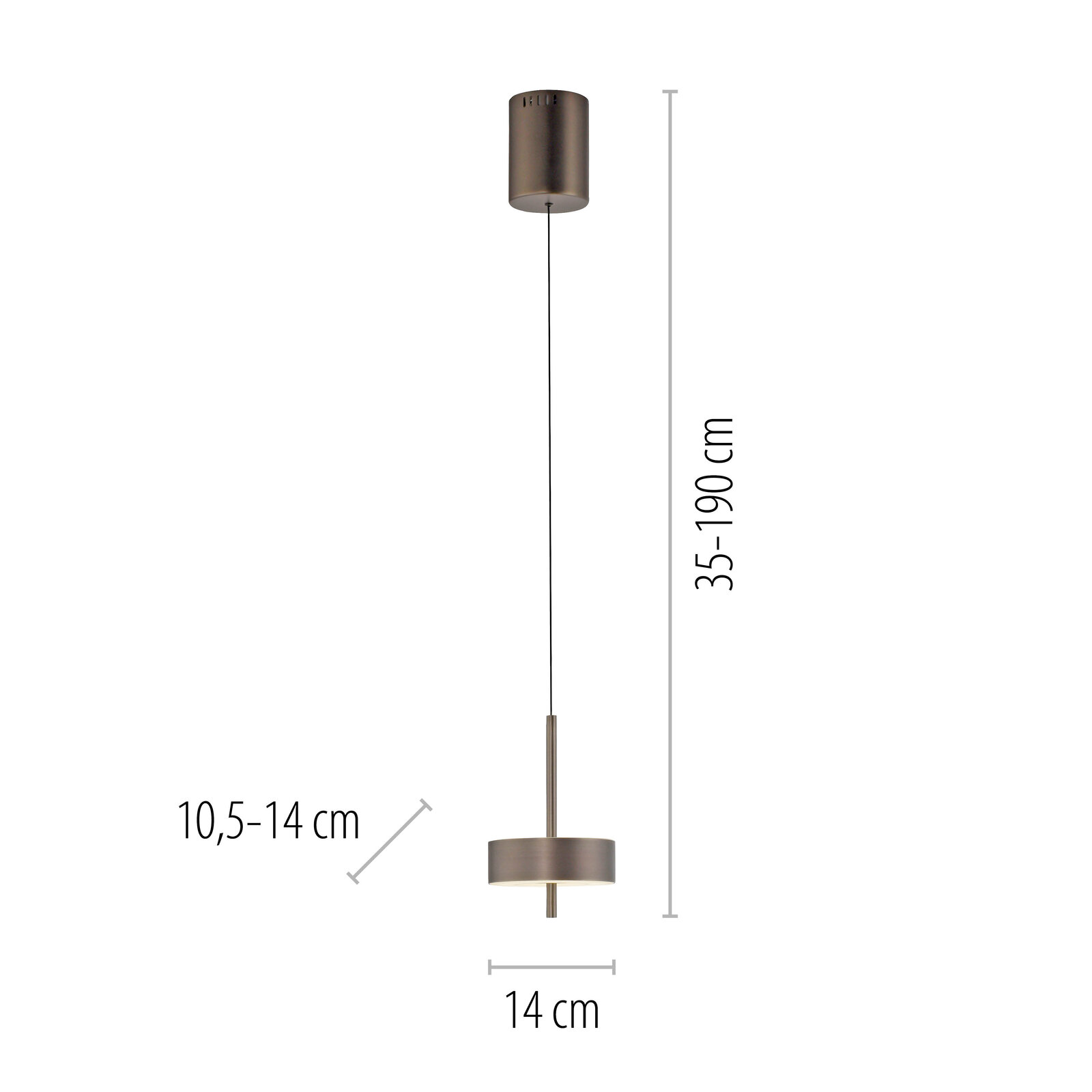 Moderne Pendelleuchte Q-ROTATE in seitlicher Ansicht, höhenverstellbar von 35 bis 190 cm, mit einem Durchmesser von 14 cm und einer variablen Höhe von 10,5 bis 14 cm.