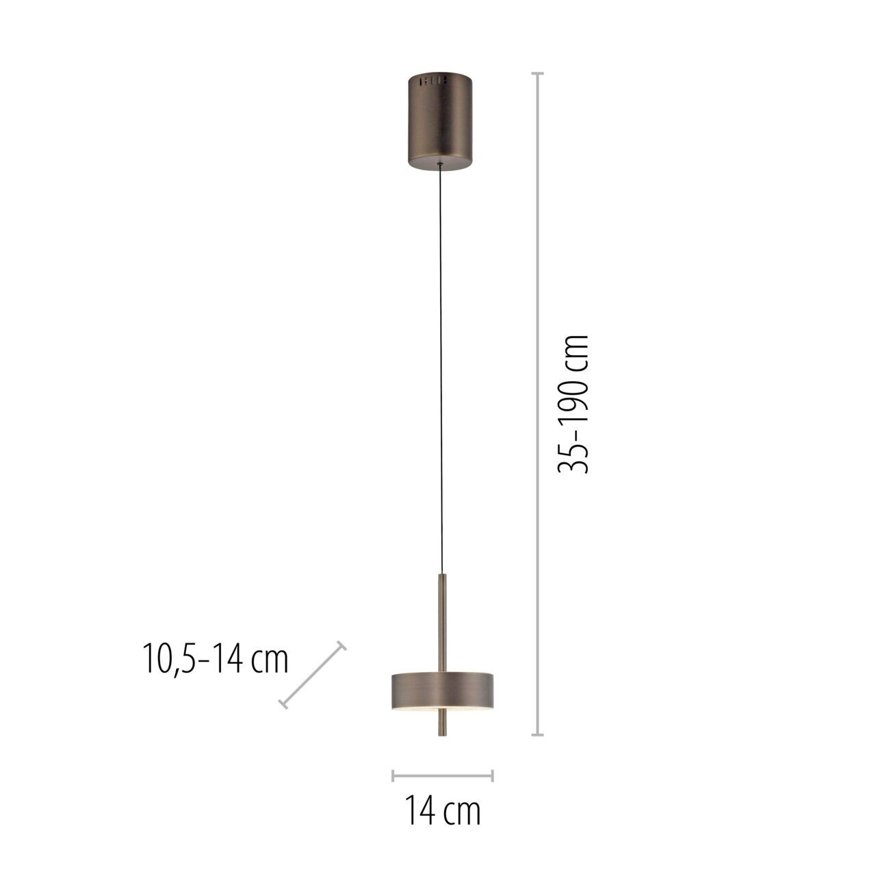 Moderne Pendelleuchte Q-ROTATE in seitlicher Ansicht, höhenverstellbar von 35 bis 190 cm, mit einem Durchmesser von 14 cm und einer variablen Höhe von 10,5 bis 14 cm.
