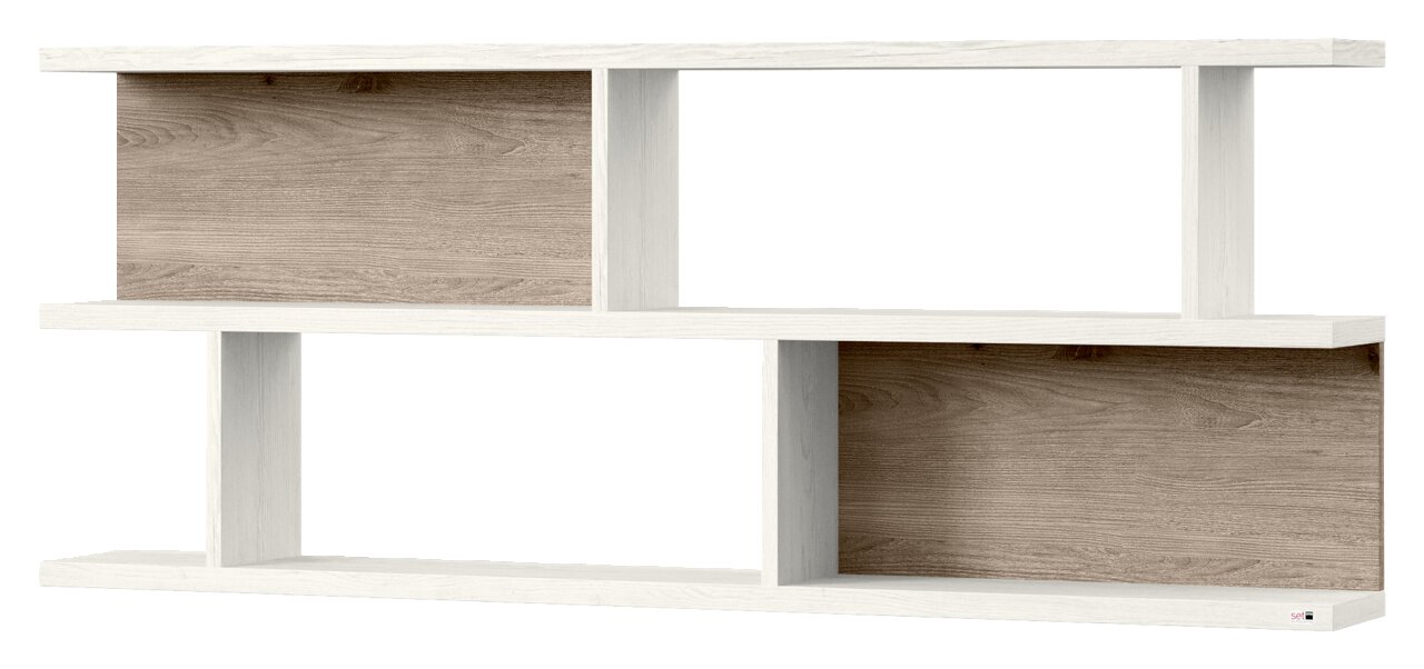 Modernes Wandboard mit zwei Ebenen in Holzoptik, frontal betrachtet.