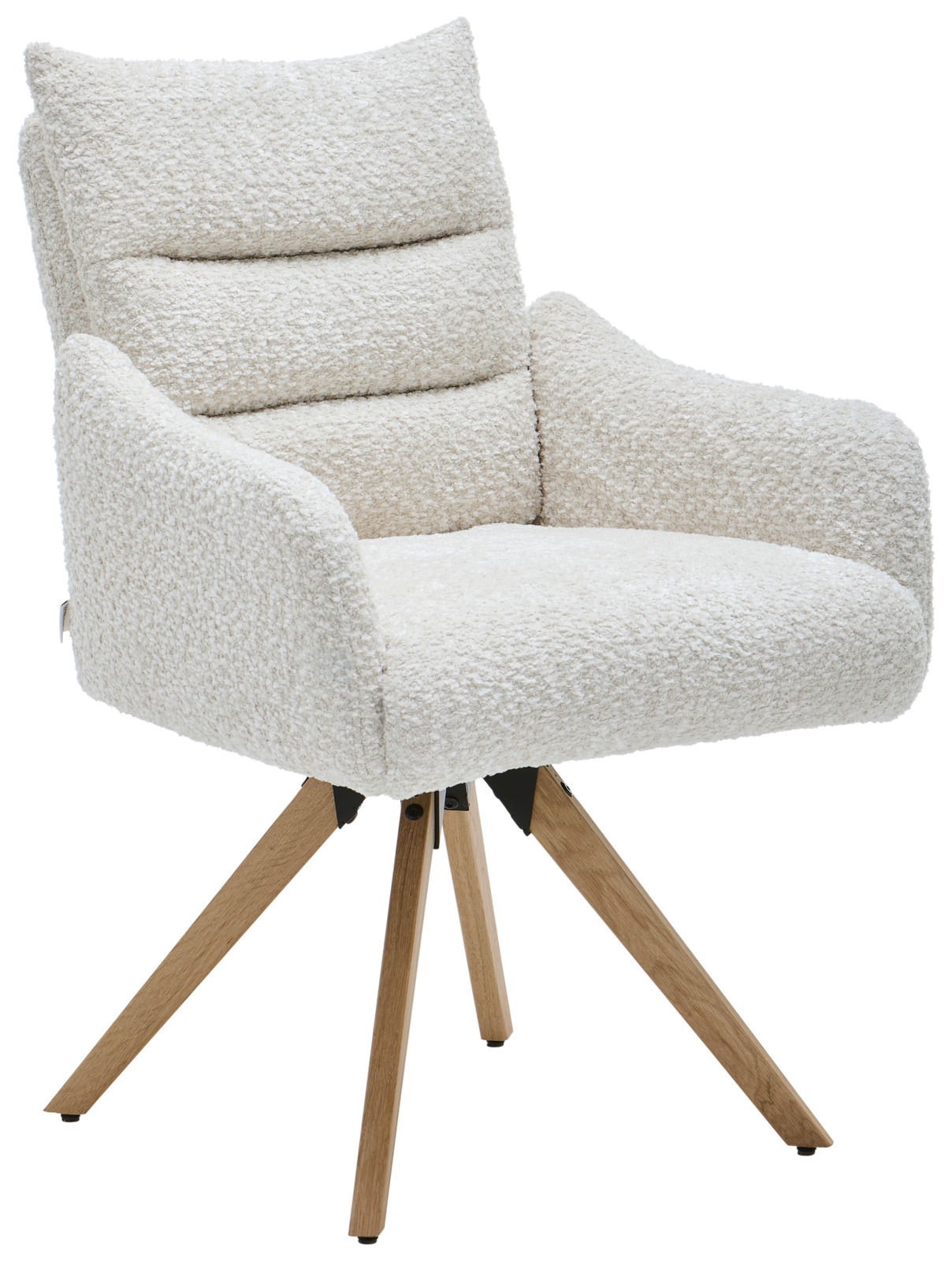 Moderner Armlehnstuhl mit cremefarbenem Bouclé-Stoff und Holzbeinen, seitliche Perspektive