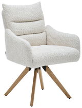 Moderner Armlehnstuhl mit cremefarbenem Bouclé-Stoff und Holzbeinen, seitliche Perspektive