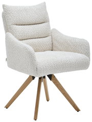 Moderner Armlehnstuhl mit cremefarbenem Bouclé-Stoff und Holzbeinen, seitliche Perspektive