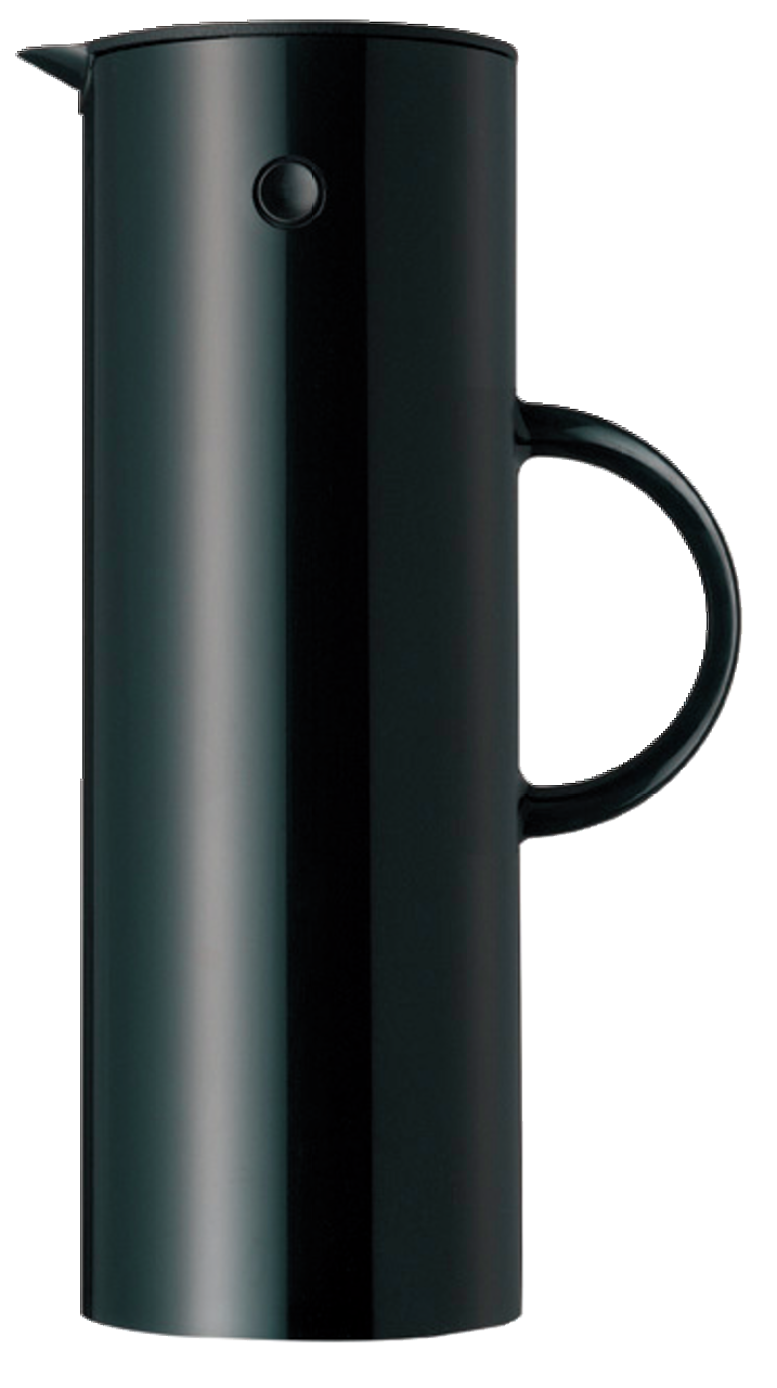 Stelton Isolierkanne 1 Liter Black Schwarze Isolierkanne 1l, seitliche Ansicht mit Griff und Ausguss.