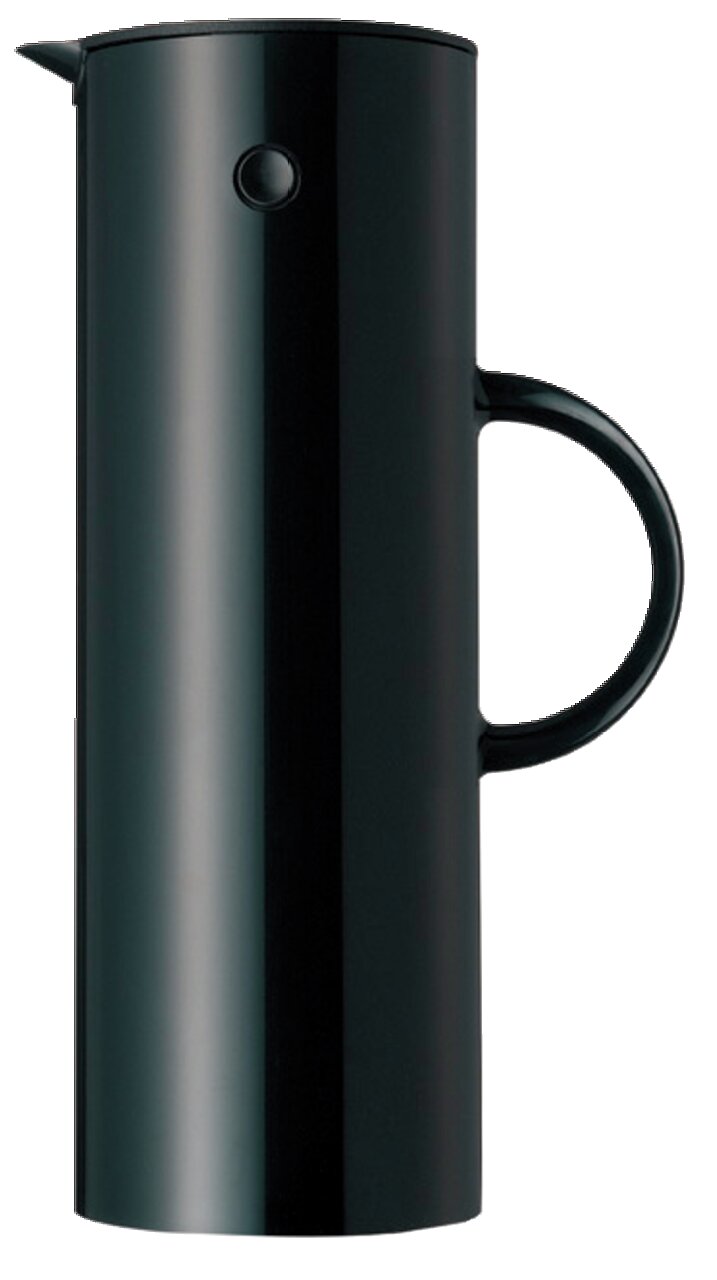Schwarze Isolierkanne 1l, seitliche Ansicht mit Griff und Ausguss.