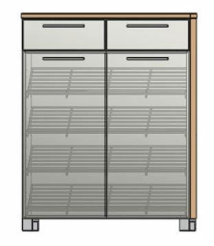 Schuhschrank mit zwei Schubladen und mehreren Regalböden, frontale Ansicht