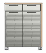 Schuhschrank mit zwei Schubladen und mehreren Regalböden, frontale Ansicht