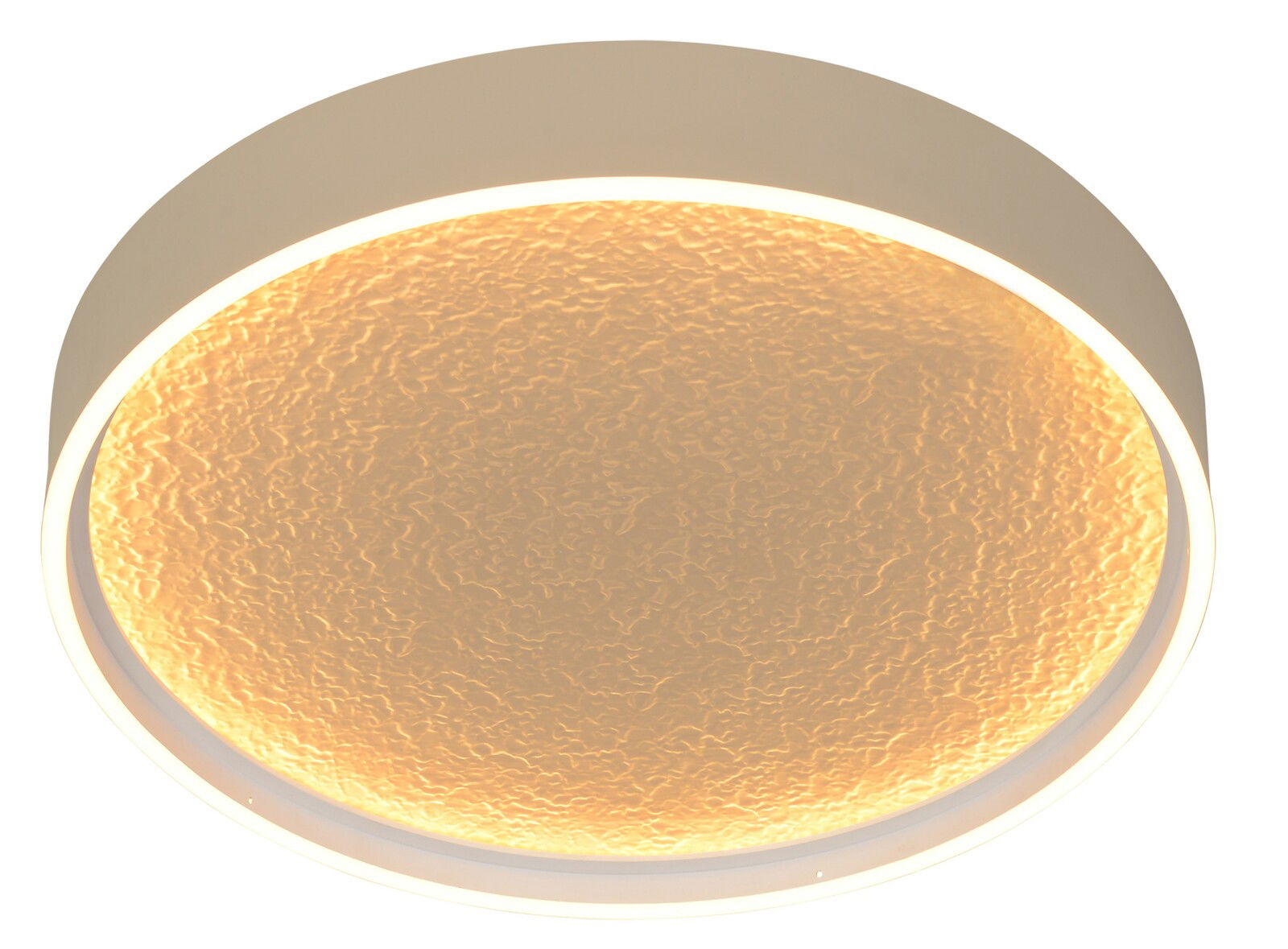 Runde LED-Deckenleuchte mit warmem, strukturiertem Licht, seitliche Perspektive