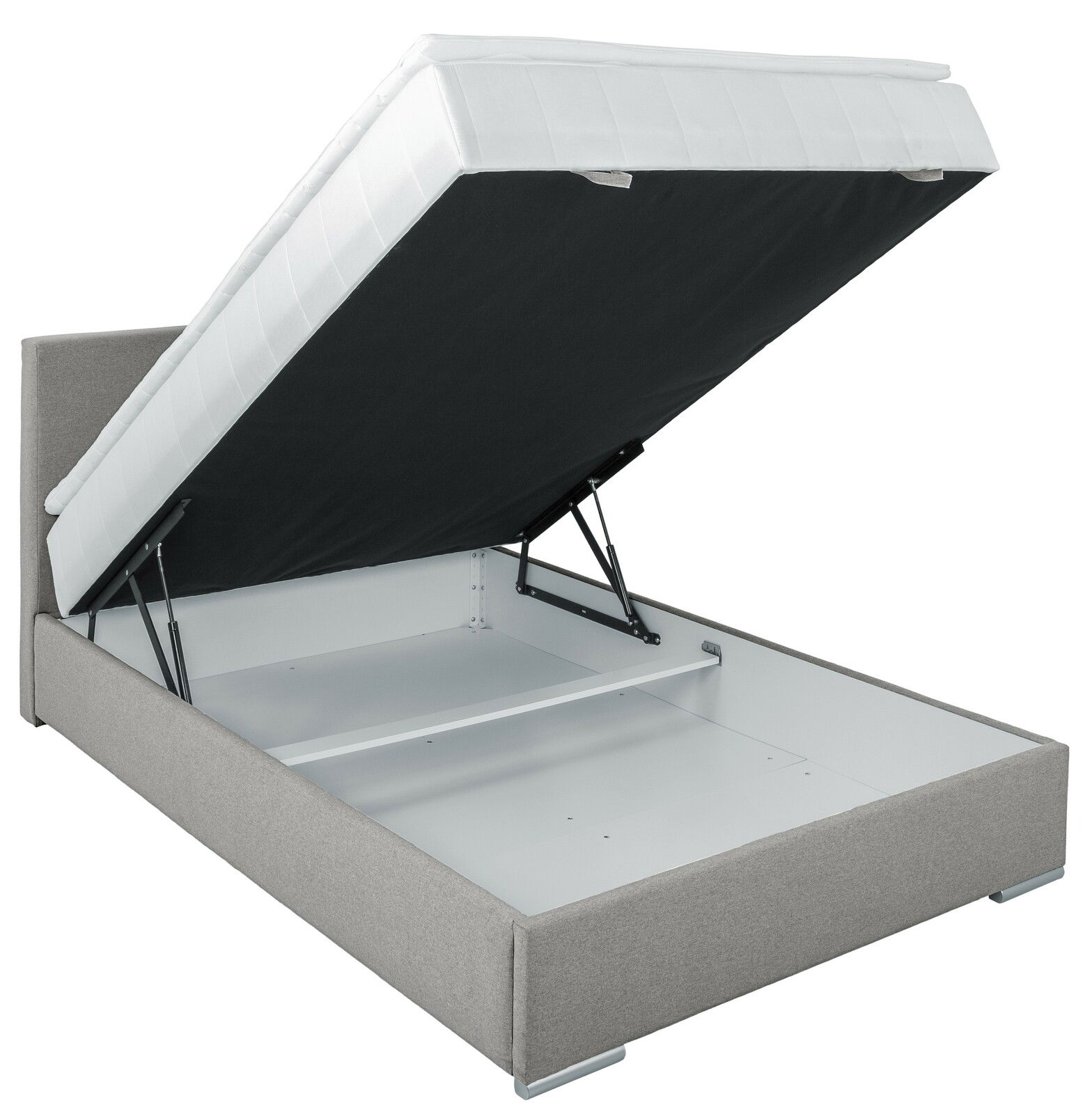 Boxbett 140 mit geöffnetem Bettkasten, seitliche Perspektive