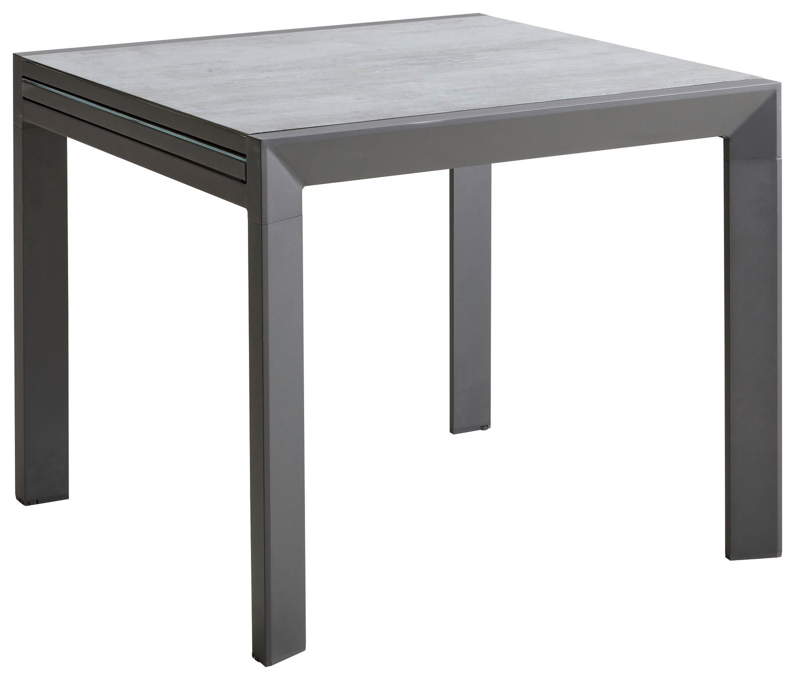 Moderner quadratischer Gartentisch aus Metall mit grauer Tischplatte, seitliche Perspektive