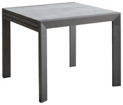 Moderner quadratischer Gartentisch aus Metall mit grauer Tischplatte, seitliche Perspektive