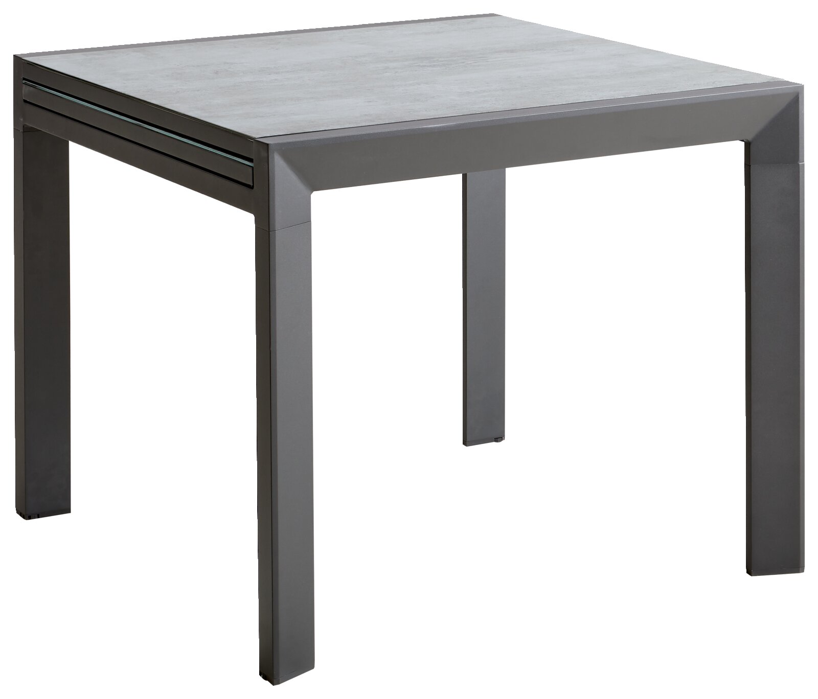 Moderner quadratischer Gartentisch aus Metall mit grauer Tischplatte, seitliche Perspektive